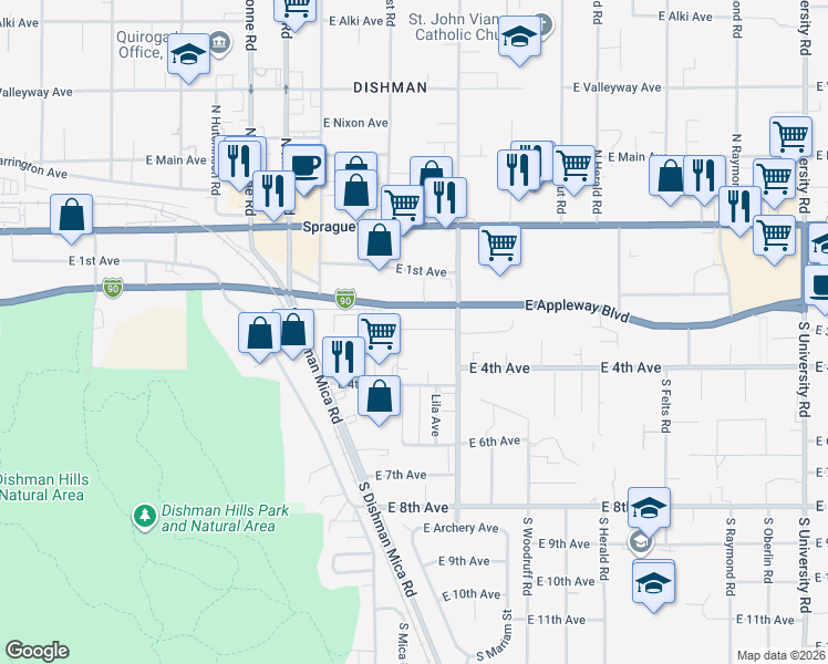 map of restaurants, bars, coffee shops, grocery stores, and more near 210 South Farr Road in Spokane Valley