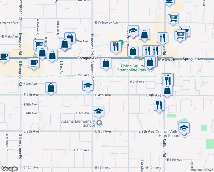 map of restaurants, bars, coffee shops, grocery stores, and more near 14809 East 2nd Avenue in Spokane Valley