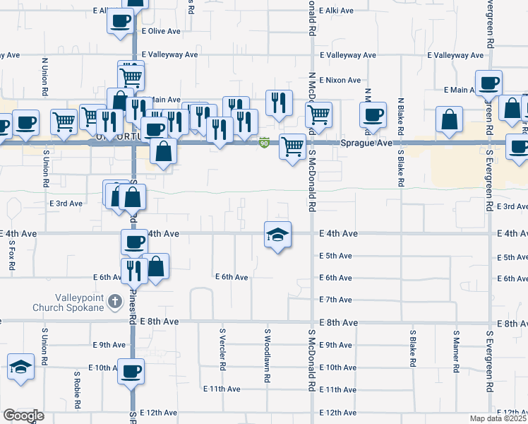 map of restaurants, bars, coffee shops, grocery stores, and more near 12815 East 4th Avenue in Spokane Valley