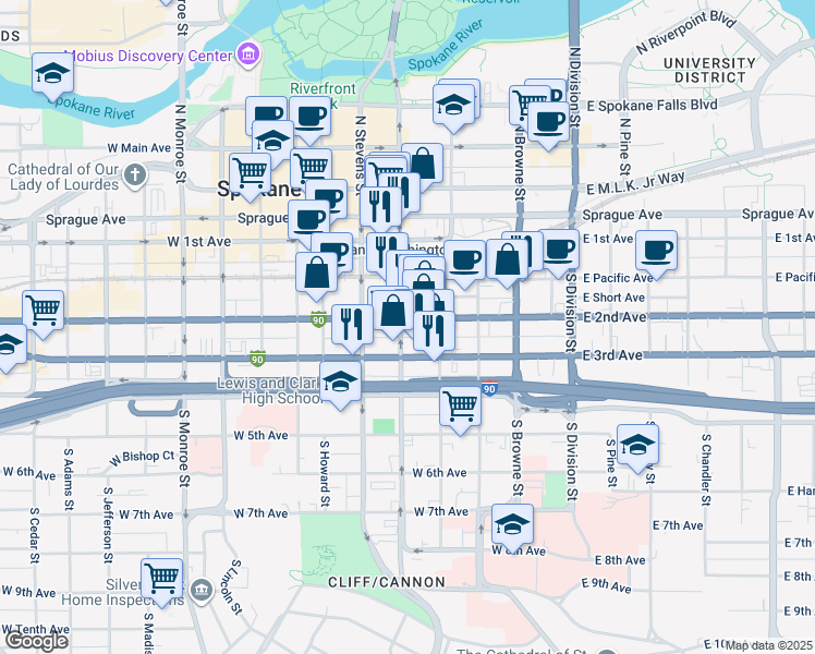 map of restaurants, bars, coffee shops, grocery stores, and more near 303 West Pacific Avenue in Spokane