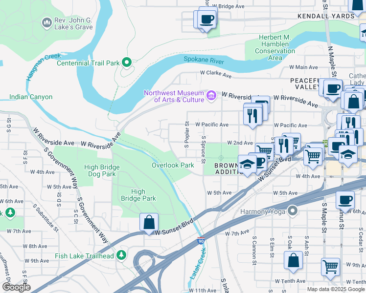 map of restaurants, bars, coffee shops, grocery stores, and more near 2418 West 2nd Avenue in Spokane
