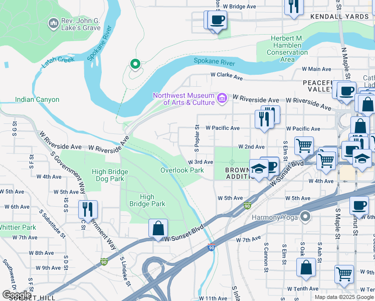 map of restaurants, bars, coffee shops, grocery stores, and more near 2418 West 2nd Avenue in Spokane