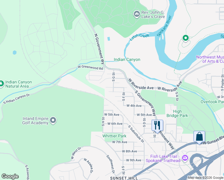map of restaurants, bars, coffee shops, grocery stores, and more near 3501 West Pacific Avenue in Spokane