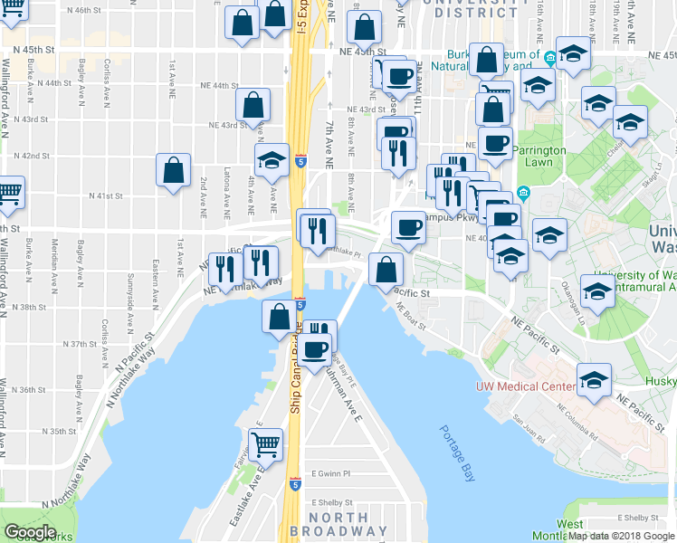 map of restaurants, bars, coffee shops, grocery stores, and more near in Seattle
