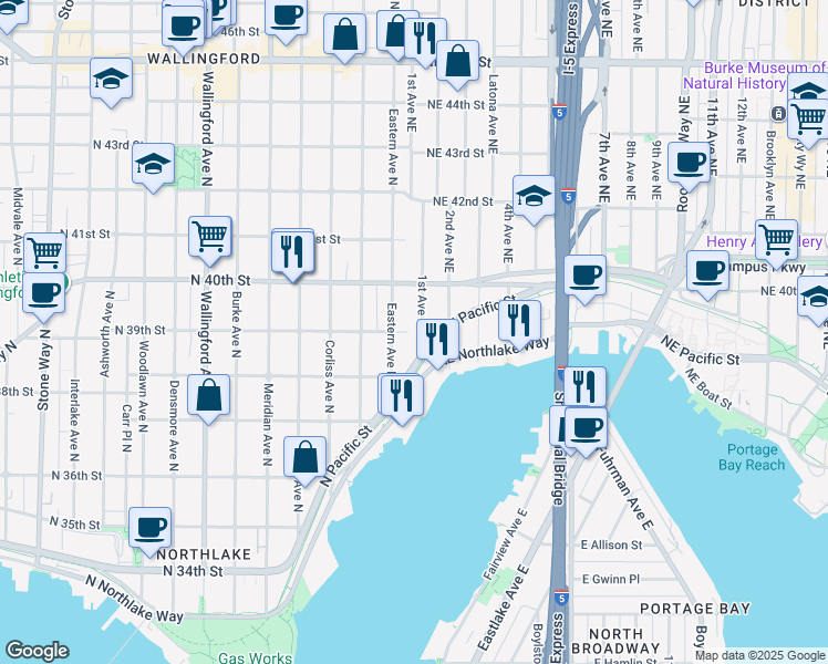 map of restaurants, bars, coffee shops, grocery stores, and more near in Seattle