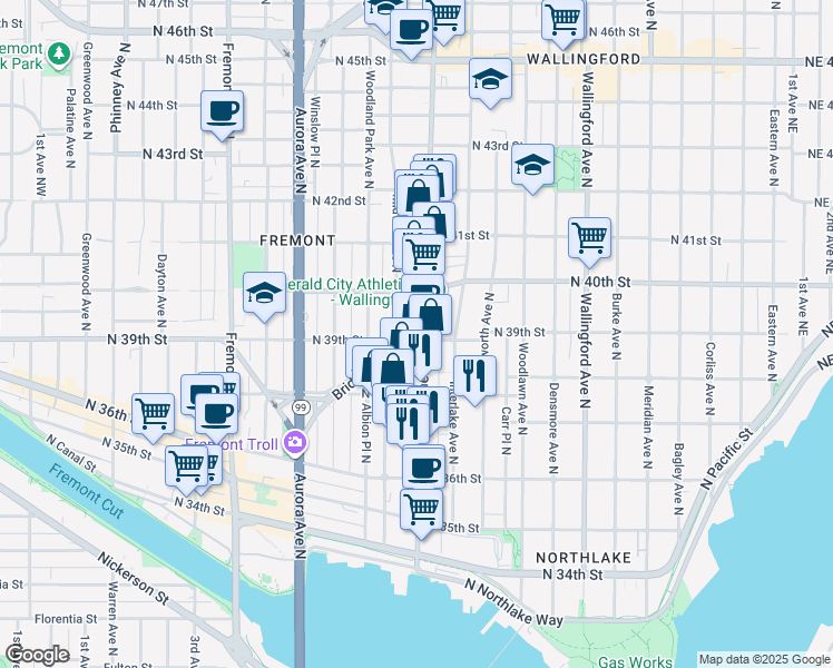 map of restaurants, bars, coffee shops, grocery stores, and more near 3919 Stone Way North in Seattle