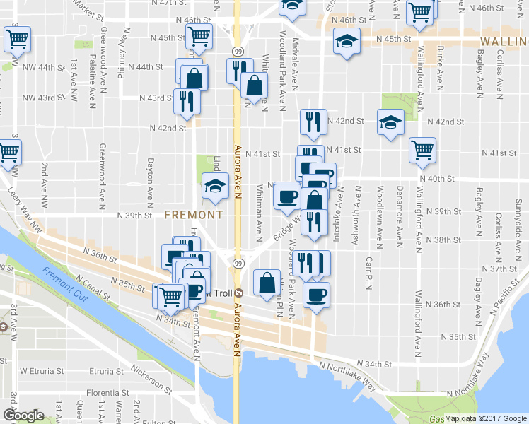 map of restaurants, bars, coffee shops, grocery stores, and more near 3926 Whitman Avenue North in Seattle