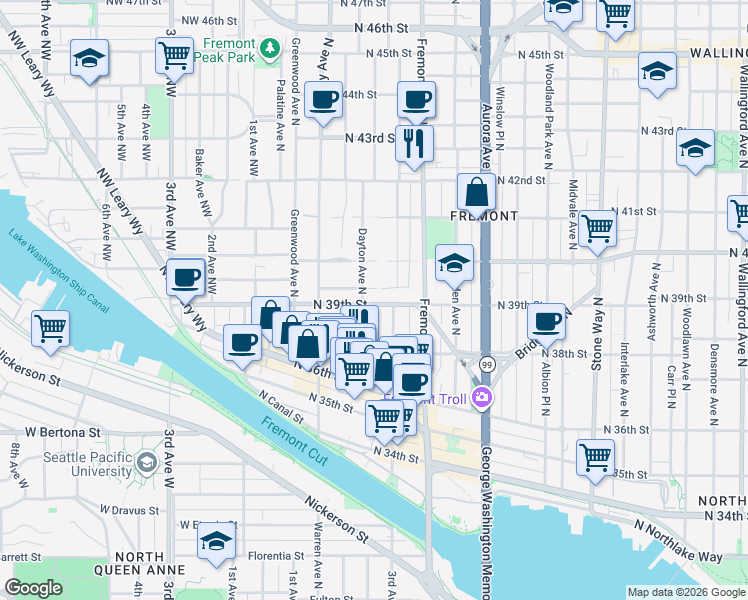 map of restaurants, bars, coffee shops, grocery stores, and more near 3960 Dayton Avenue North in Seattle