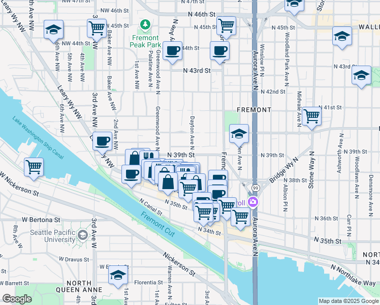 map of restaurants, bars, coffee shops, grocery stores, and more near 418 North Bowdoin Place in Seattle