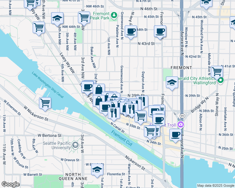 map of restaurants, bars, coffee shops, grocery stores, and more near 112 North Bowdoin Place in Seattle