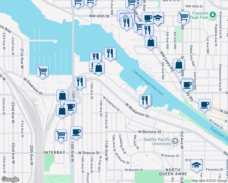 map of restaurants, bars, coffee shops, grocery stores, and more near 1030 West Ewing Street in Seattle