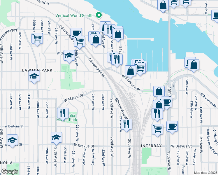 map of restaurants, bars, coffee shops, grocery stores, and more near 3841 Gilman Avenue West in Seattle