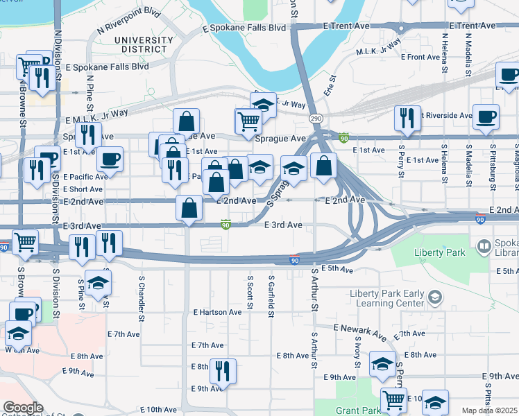 map of restaurants, bars, coffee shops, grocery stores, and more near 801 East 2nd Avenue in Spokane