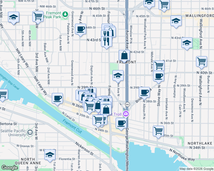 map of restaurants, bars, coffee shops, grocery stores, and more near 3965 Fremont Avenue North in Seattle