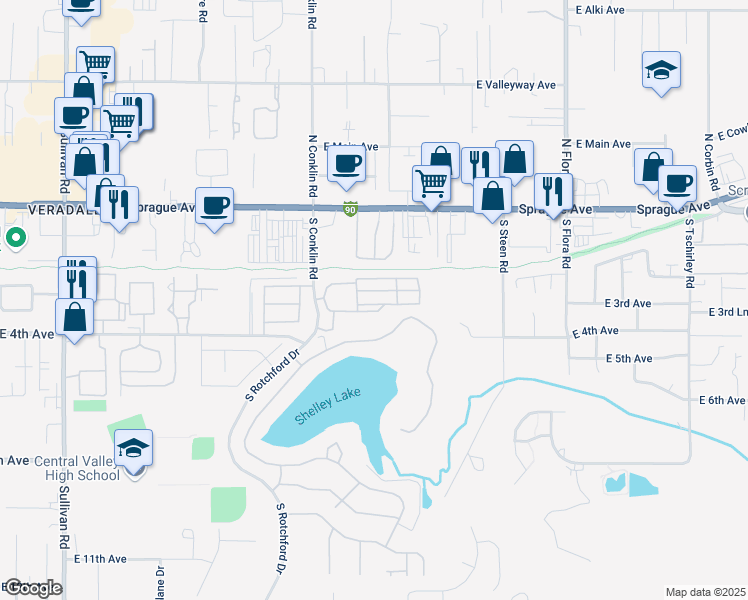 map of restaurants, bars, coffee shops, grocery stores, and more near 215 South Conklin Drive in Spokane Valley