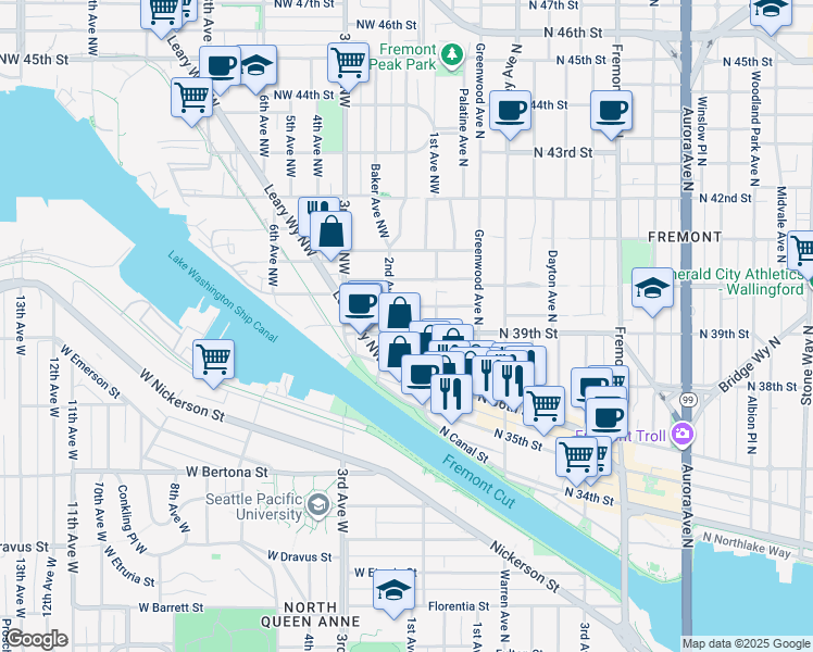 map of restaurants, bars, coffee shops, grocery stores, and more near 120 Northwest 39th Street in Seattle
