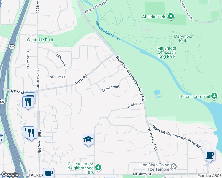 map of restaurants, bars, coffee shops, grocery stores, and more near 16335 Northeast 50th Street in Redmond