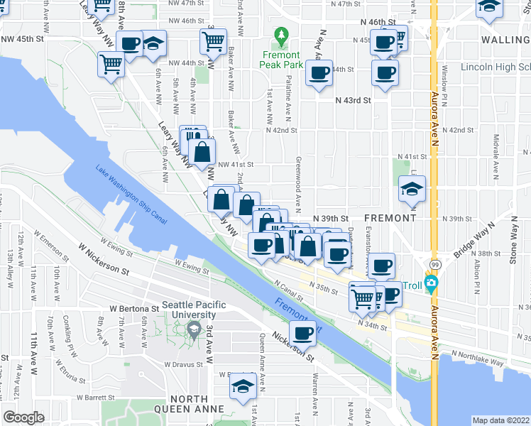 map of restaurants, bars, coffee shops, grocery stores, and more near 116 Northwest Bowdoin Place in Seattle