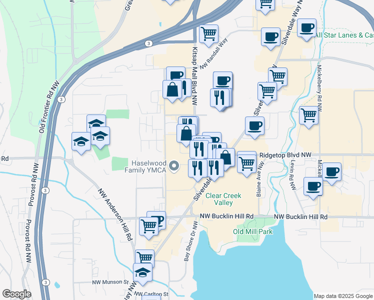 map of restaurants, bars, coffee shops, grocery stores, and more near 10049 Kitsap Mall Boulevard Northwest in Silverdale