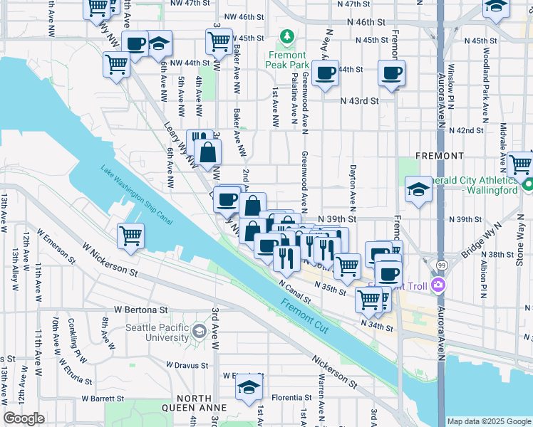 map of restaurants, bars, coffee shops, grocery stores, and more near 116 Northwest Bowdoin Place in Seattle