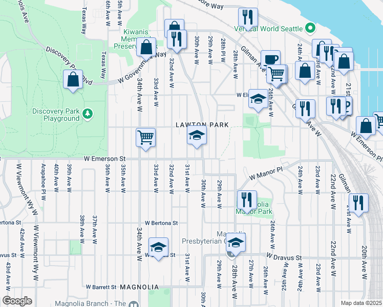 map of restaurants, bars, coffee shops, grocery stores, and more near 3806 31st Avenue West in Seattle