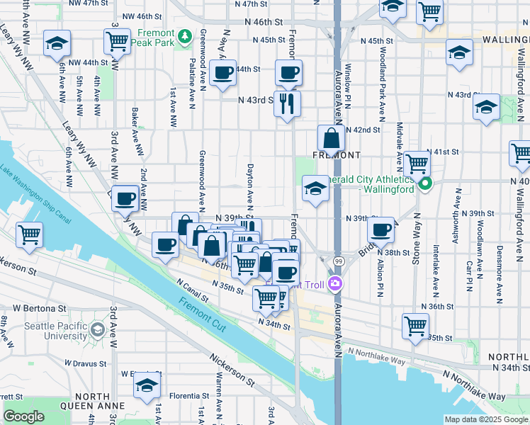 map of restaurants, bars, coffee shops, grocery stores, and more near 508 North Bowdoin Place in Seattle