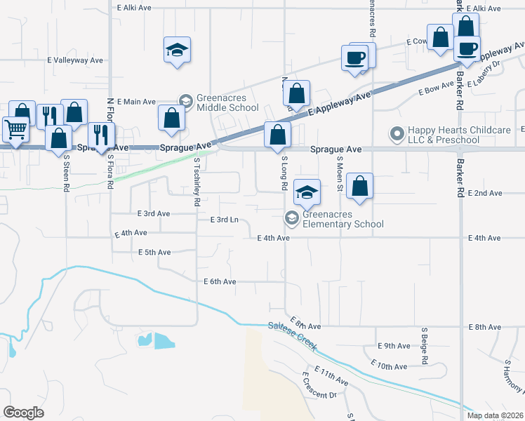 map of restaurants, bars, coffee shops, grocery stores, and more near 120 South Manifold Road in Spokane Valley