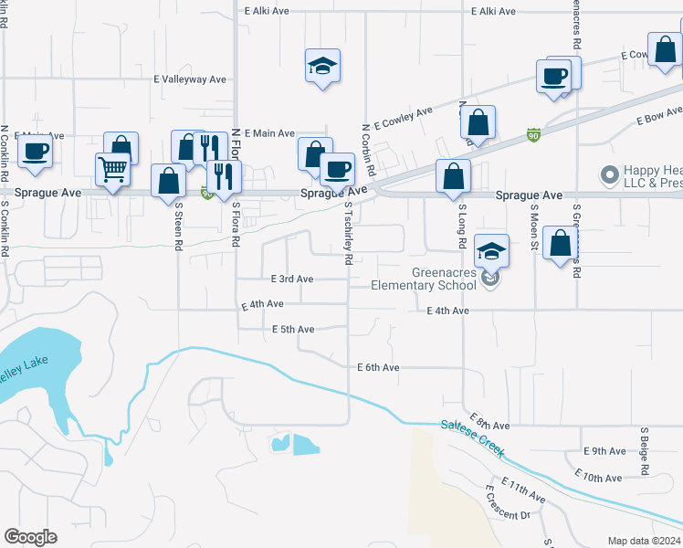 map of restaurants, bars, coffee shops, grocery stores, and more near 17419 East 3rd Avenue in Spokane Valley