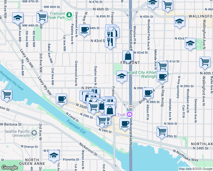 map of restaurants, bars, coffee shops, grocery stores, and more near 3965 Fremont Avenue North in Seattle