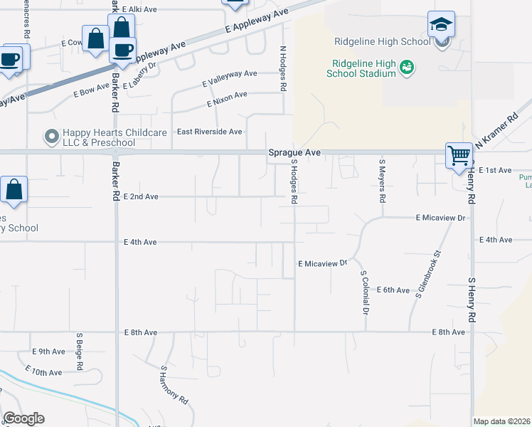 map of restaurants, bars, coffee shops, grocery stores, and more near 19409 East Cecilia Avenue in Spokane Valley