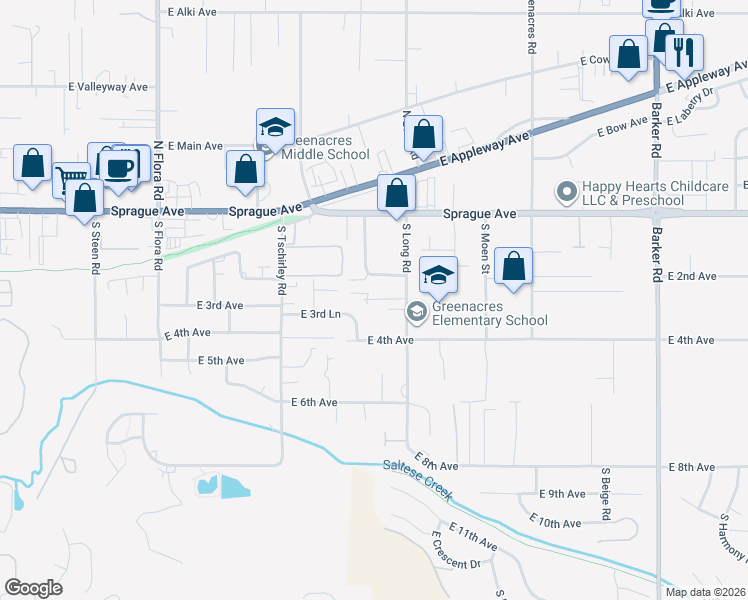 map of restaurants, bars, coffee shops, grocery stores, and more near 120 South Manifold Road in Spokane Valley