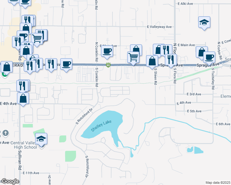 map of restaurants, bars, coffee shops, grocery stores, and more near 215 South Conklin Drive in Spokane Valley