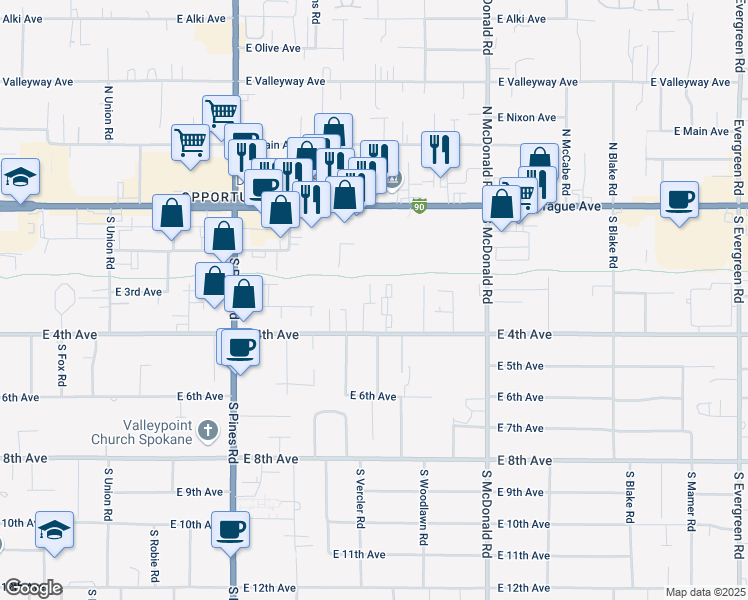 map of restaurants, bars, coffee shops, grocery stores, and more near 12709 East 3rd Avenue in Spokane Valley