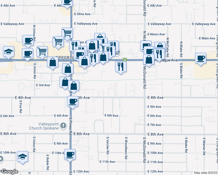 map of restaurants, bars, coffee shops, grocery stores, and more near 12709 East 3rd Avenue in Spokane Valley