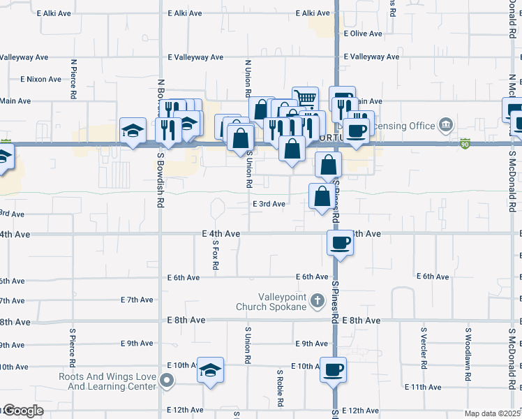 map of restaurants, bars, coffee shops, grocery stores, and more near 211 South Union Road in Spokane Valley