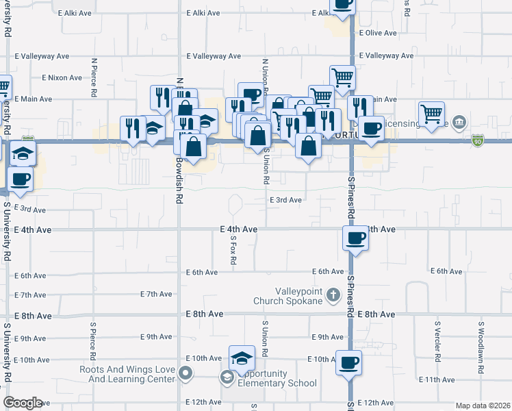 map of restaurants, bars, coffee shops, grocery stores, and more near 202 South Union Road in Spokane Valley