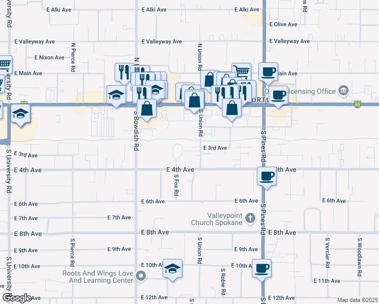 map of restaurants, bars, coffee shops, grocery stores, and more near 202 South Union Road in Spokane Valley