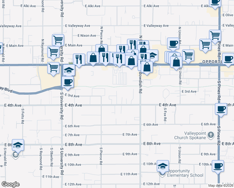 map of restaurants, bars, coffee shops, grocery stores, and more near 302 South Skipworth Road in Spokane Valley