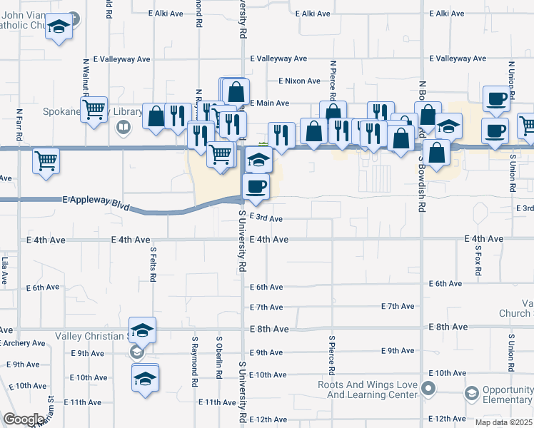 map of restaurants, bars, coffee shops, grocery stores, and more near 10807 East 3rd Avenue in Spokane Valley