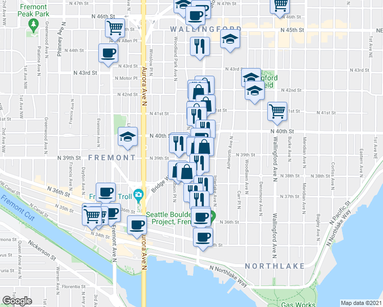 map of restaurants, bars, coffee shops, grocery stores, and more near 3919 Stone Way North in Seattle