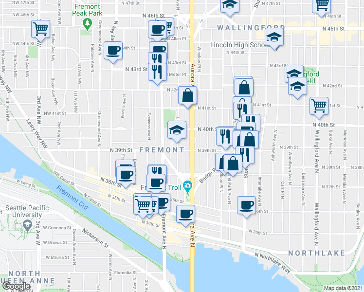 map of restaurants, bars, coffee shops, grocery stores, and more near 3929 Aurora Avenue North in Seattle
