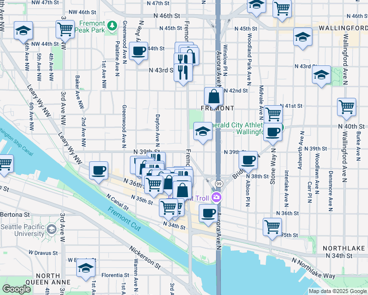 map of restaurants, bars, coffee shops, grocery stores, and more near 3965 Fremont Avenue North in Seattle