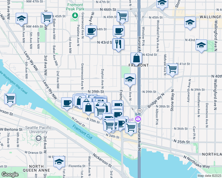 map of restaurants, bars, coffee shops, grocery stores, and more near 508 North Bowdoin Place in Seattle