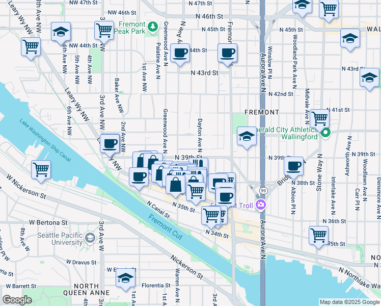 map of restaurants, bars, coffee shops, grocery stores, and more near 418 North Bowdoin Place in Seattle