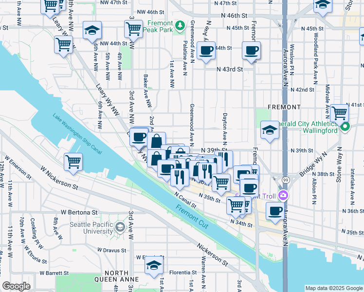 map of restaurants, bars, coffee shops, grocery stores, and more near 112 North Bowdoin Place in Seattle