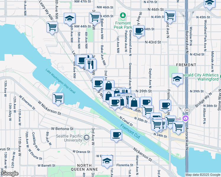 map of restaurants, bars, coffee shops, grocery stores, and more near 116 Northwest Bowdoin Place in Seattle