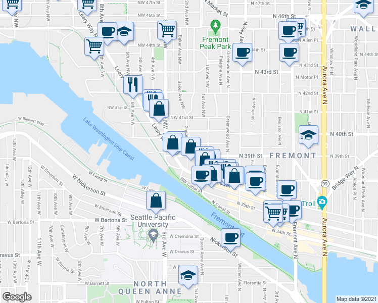 map of restaurants, bars, coffee shops, grocery stores, and more near 204 Northwest Bowdoin Place in Seattle