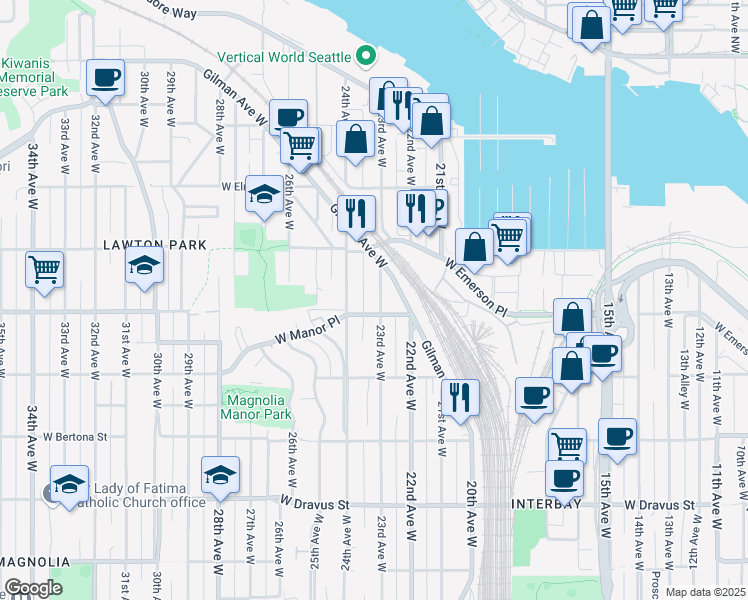 map of restaurants, bars, coffee shops, grocery stores, and more near 3833 23rd Avenue West in Seattle