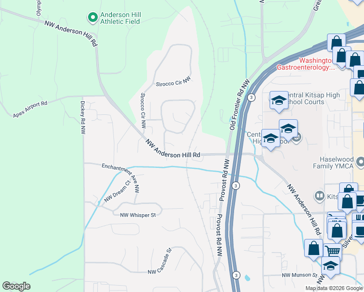 map of restaurants, bars, coffee shops, grocery stores, and more near 10069 Ashley Circle Northwest in Silverdale