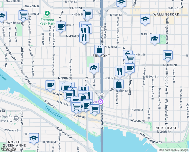 map of restaurants, bars, coffee shops, grocery stores, and more near 3921 Linden Avenue North in Seattle